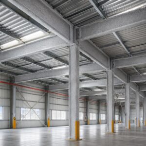Sistema de aislamientos ignífugos instalado para protección pasiva contra incendios en estructura metálica industrial.