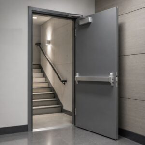Puerta cortafuego certificada instalada en acceso a escalera de emergencia para protección pasiva contra incendios.